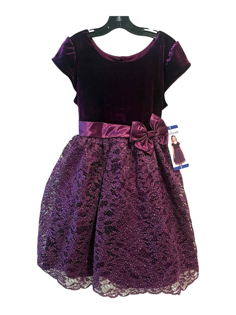 NWT Jona Michelle Purple Dress Girls 7 Lace Skirt Satin Bow Velvet Top Wedding